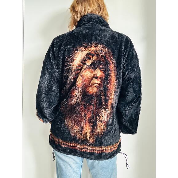 Vintage 90s Fleece Bomber Jacket XL Indian Chief Bear Ridge Unisex Cozy USA - Picture 10 of 11